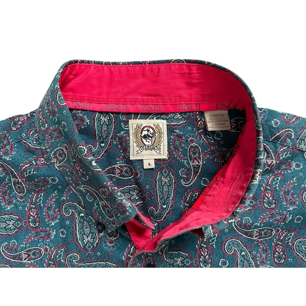Cinch‎ Cotton Paisley Western Casual Button-Down Multicolor Blue Pink Shirt Sz L - Picture 7 of 9